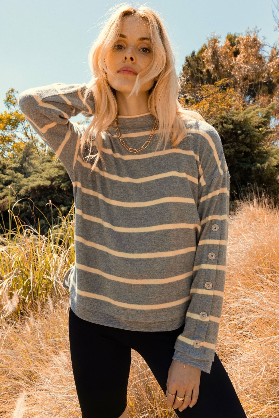 Clothing Skies Are Blue | Skies Are Blue Faye Striped Knit Top Grey-Lime