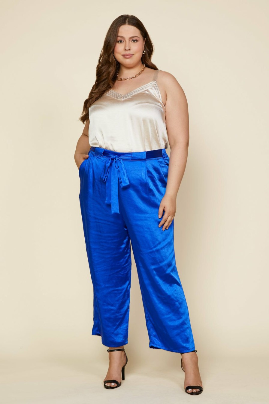 Plus Size Skies Are Blue | Skies Are Blue Clothing Plus Size Wide Leg Satin Pants Cobalt