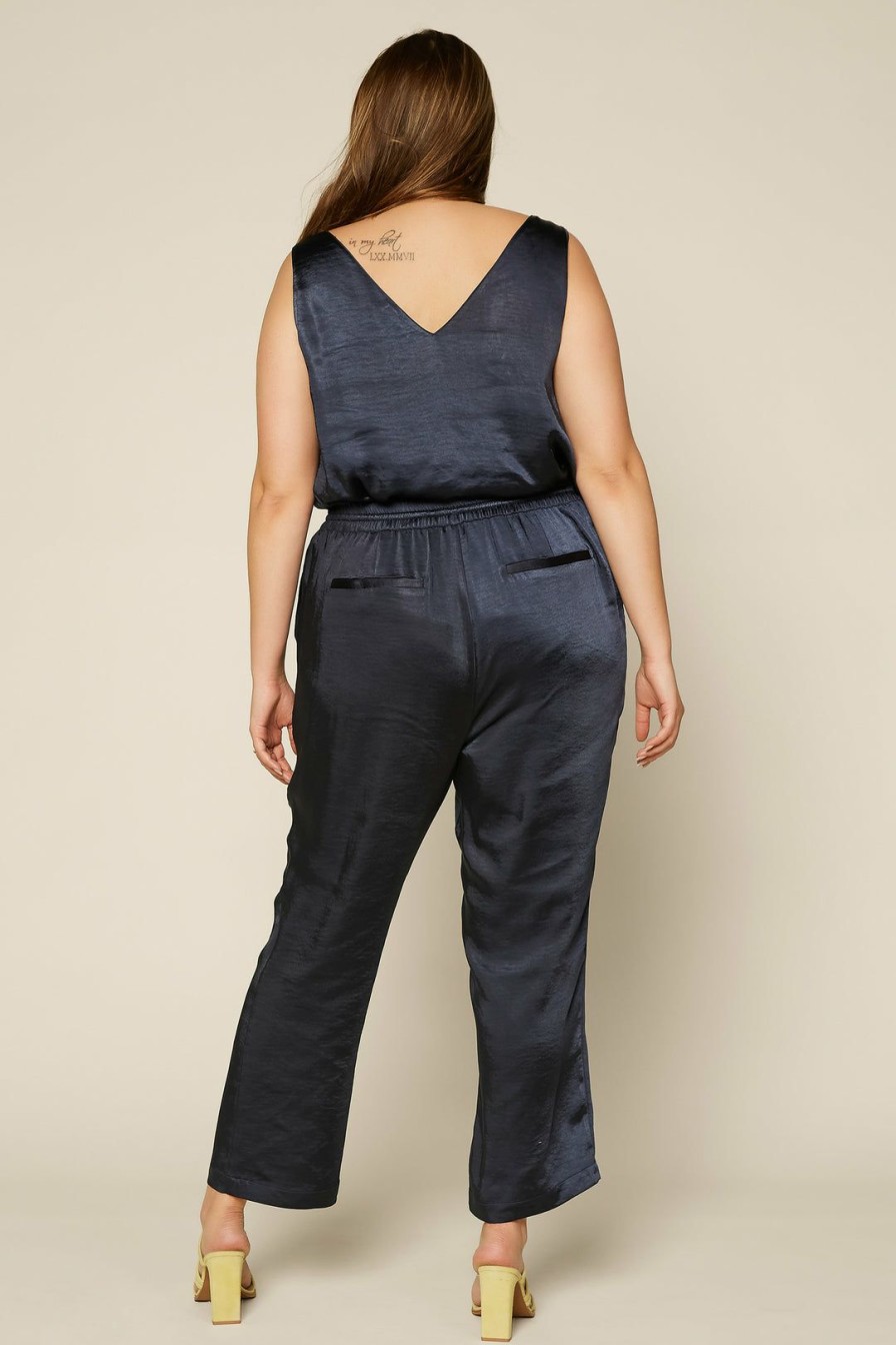 Plus Size Skies Are Blue | Skies Are Blue Plus Size Satin Waist Tie Pants Navy