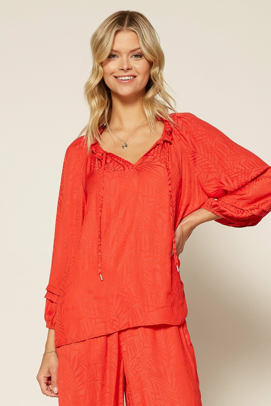 Clothing Skies Are Blue | Skies Are Blue Jacquard Pleated Blouse Clothing Coral