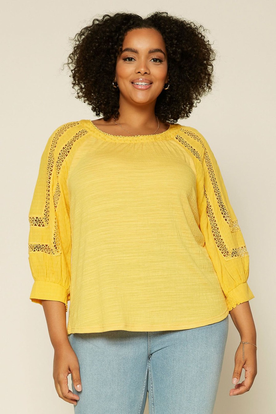 Plus Size Skies Are Blue | Skies Are Blue Plus Size Crochet Trim Knit Top Marigold