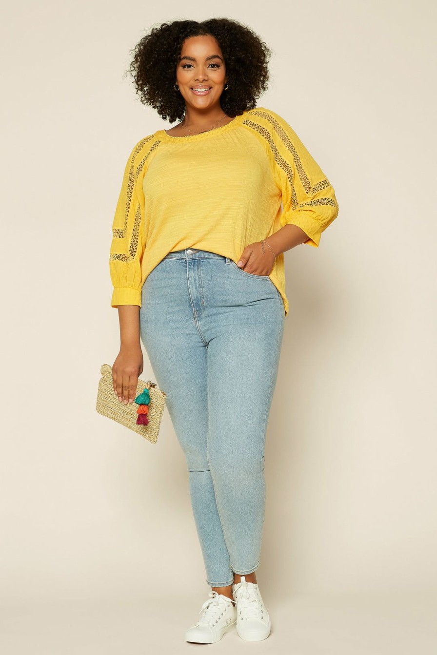 Plus Size Skies Are Blue | Skies Are Blue Plus Size Crochet Trim Knit Top Marigold