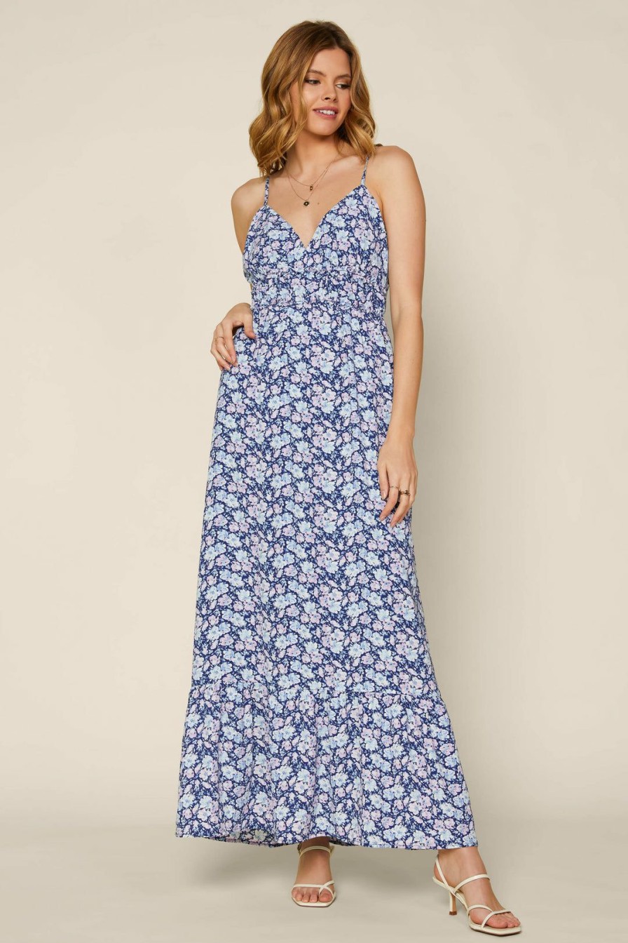 Clothing Skies Are Blue | Skies Are Blue Noah Floral Twisted Back Dress Navy Lavender