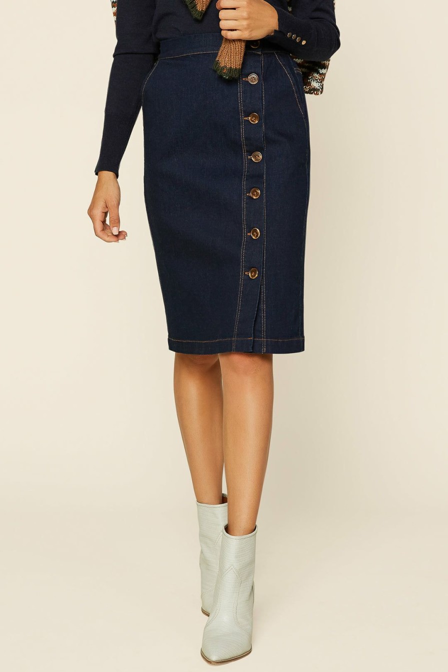 Clothing Skies Are Blue | Skies Are Blue Button Midi Denim Skirt Clothing Dark Denim