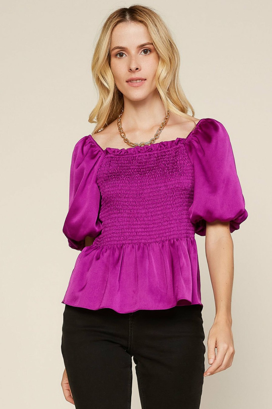 Clothing Skies Are Blue | Skies Are Blue Puff Sleeve Smocked Top Clothing Violet