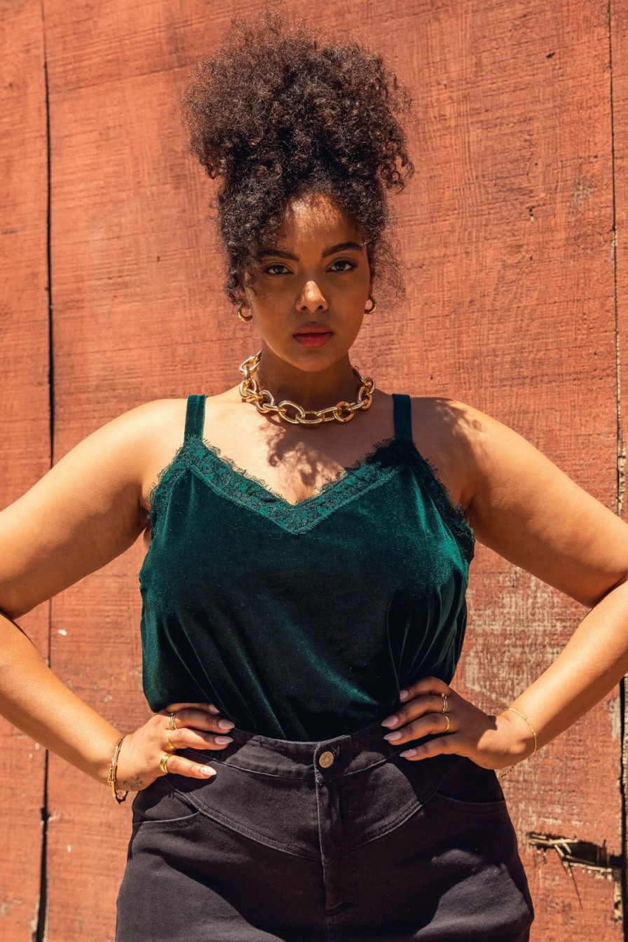 Plus Size Skies Are Blue | Skies Are Blue Plus Size Lace Trim Velvet Cami Clothing Hunter Green