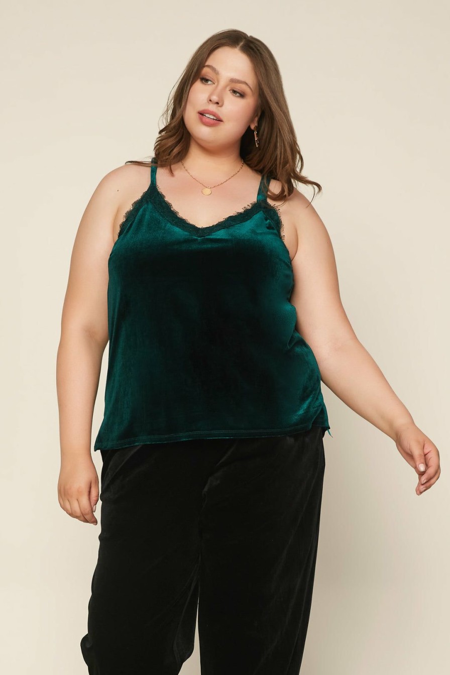 Plus Size Skies Are Blue | Skies Are Blue Plus Size Lace Trim Velvet Cami Clothing Hunter Green