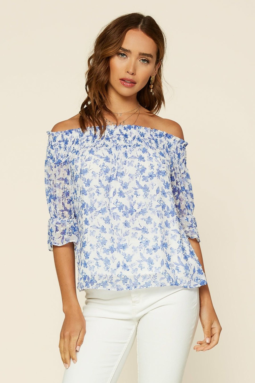 Clothing Skies Are Blue | Skies Are Blue Clothing Floral Off Shoulder Top White-Cobalt