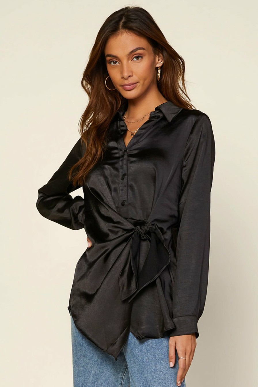 Clothing Skies Are Blue | Skies Are Blue Clothing Front Tie Satin Top Black