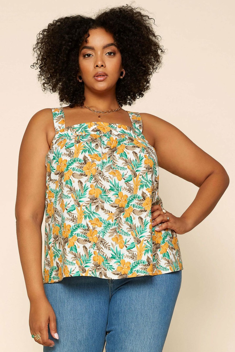 Plus Size Skies Are Blue | Skies Are Blue Plus Size Tropical Tie Shoulder Top Clothing Marigold-Teal