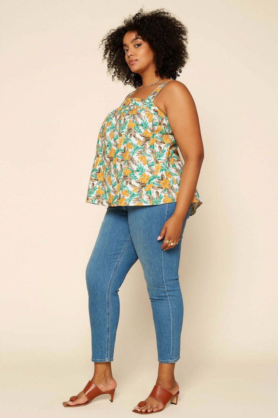 Plus Size Skies Are Blue | Skies Are Blue Plus Size Tropical Tie Shoulder Top Clothing Marigold-Teal