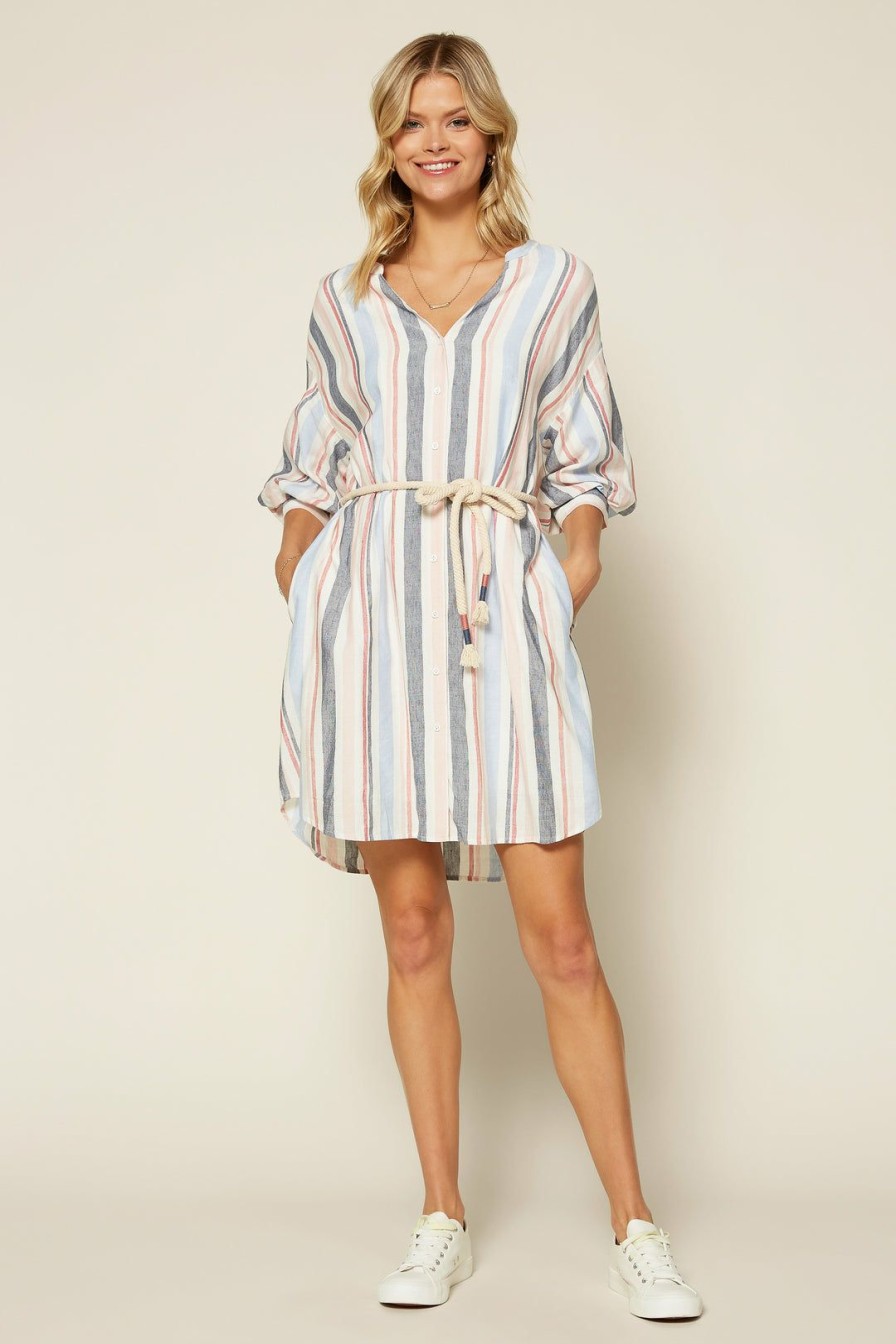 Clothing Skies Are Blue | Skies Are Blue Striped Linen Shirt Dress Clothing Blush-Blue-Navy