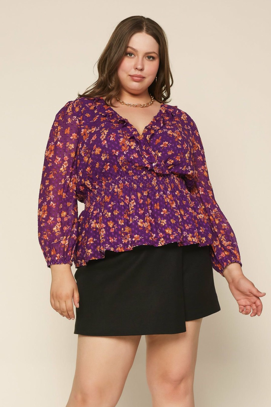 Plus Size Skies Are Blue | Skies Are Blue Clothing Plus Size Floral Swiss Dot Blouse Violet-Amber