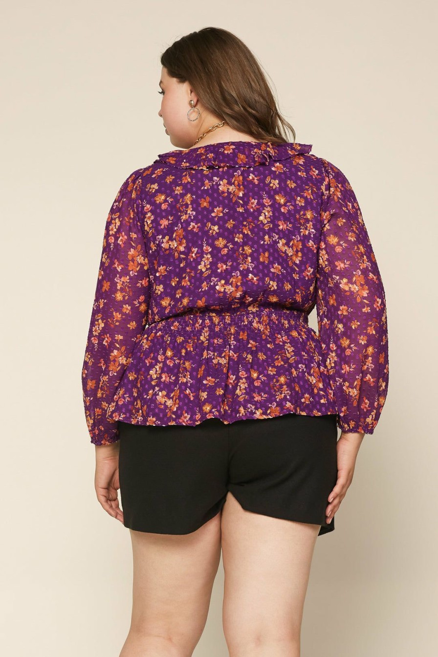 Plus Size Skies Are Blue | Skies Are Blue Clothing Plus Size Floral Swiss Dot Blouse Violet-Amber