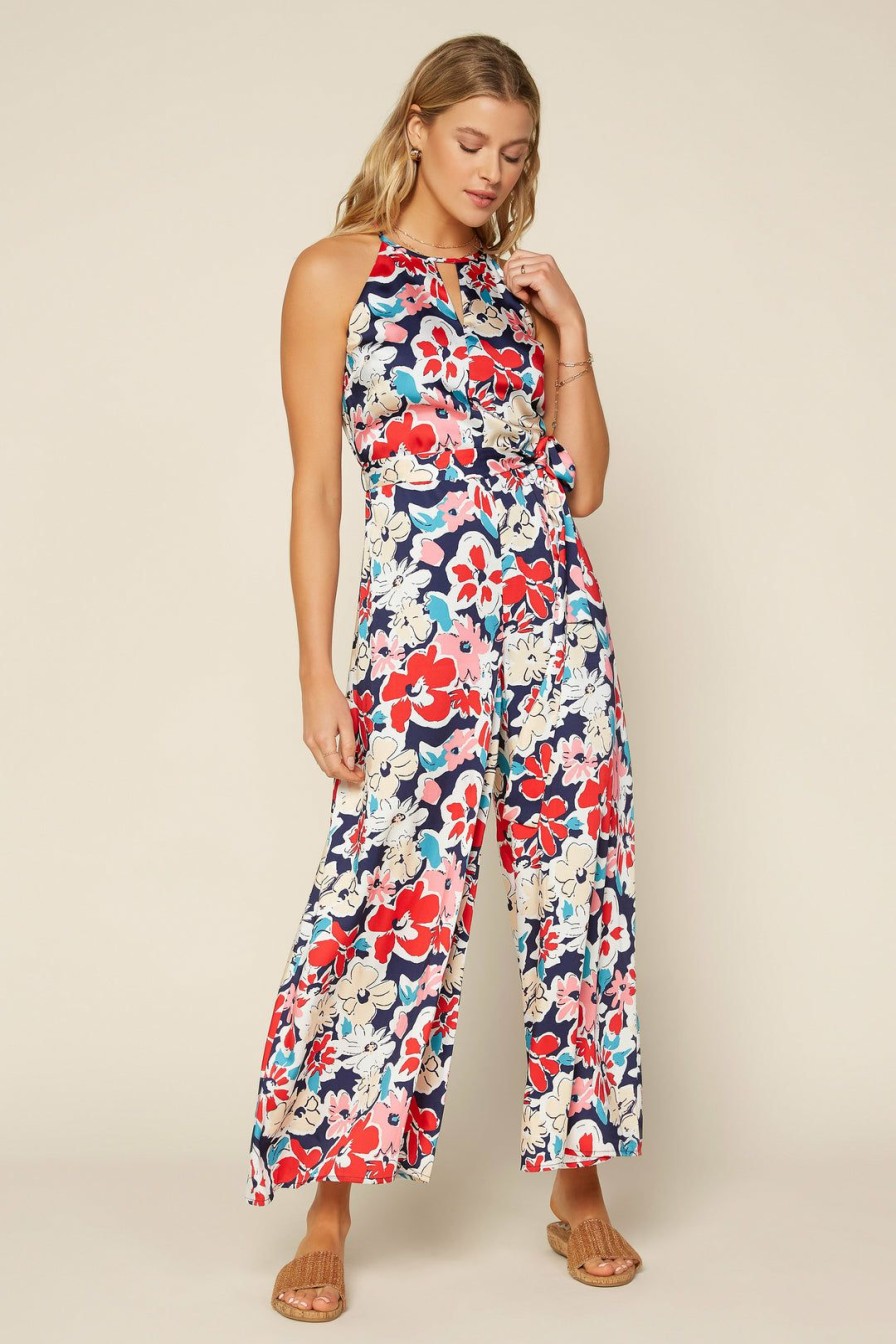 Clothing Skies Are Blue | Skies Are Blue Floral Wide Leg Jumpsuit Clothing Navy-Red Floral