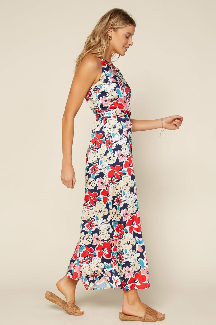 Clothing Skies Are Blue | Skies Are Blue Floral Wide Leg Jumpsuit Clothing Navy-Red Floral