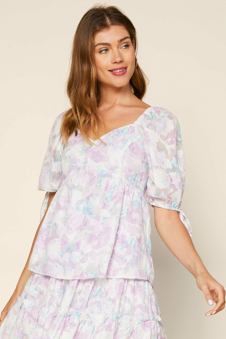 Clothing Skies Are Blue | Skies Are Blue Floral Sweetheart Neckline Top White Lavender