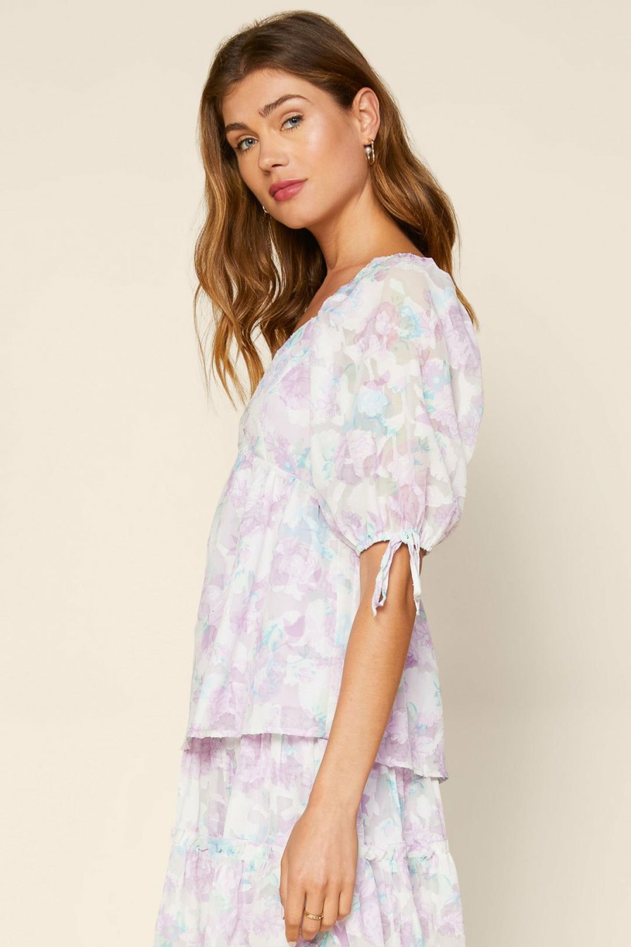 Clothing Skies Are Blue | Skies Are Blue Floral Sweetheart Neckline Top White Lavender