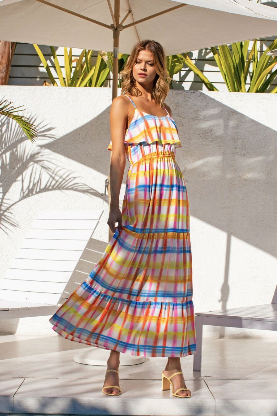 Clothing Skies Are Blue | Skies Are Blue Multi Plaid Maxi Dress New In Clothing Yellow Blue Plaid