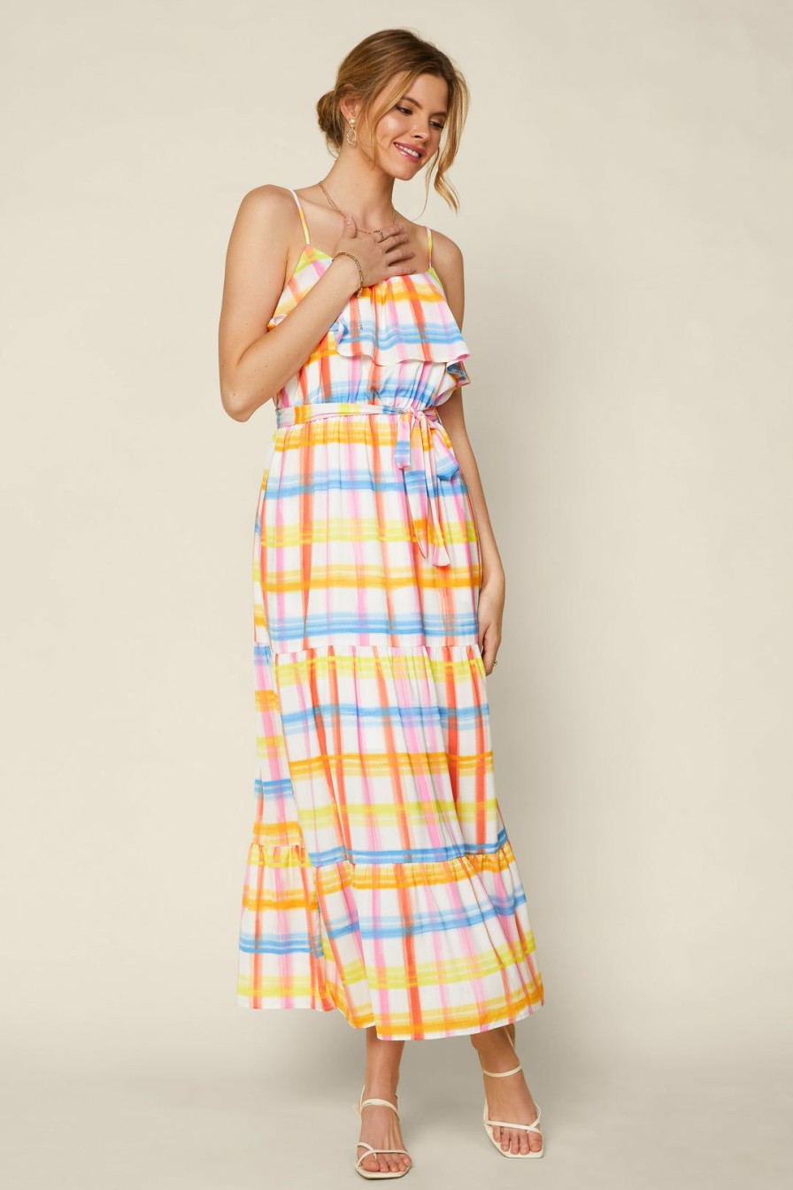 Clothing Skies Are Blue | Skies Are Blue Multi Plaid Maxi Dress New In Clothing Yellow Blue Plaid