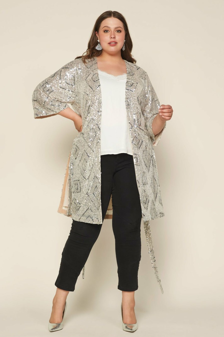 Plus Size Skies Are Blue | Skies Are Blue Plus Size Belted Sequin Duster Clothing Champagne