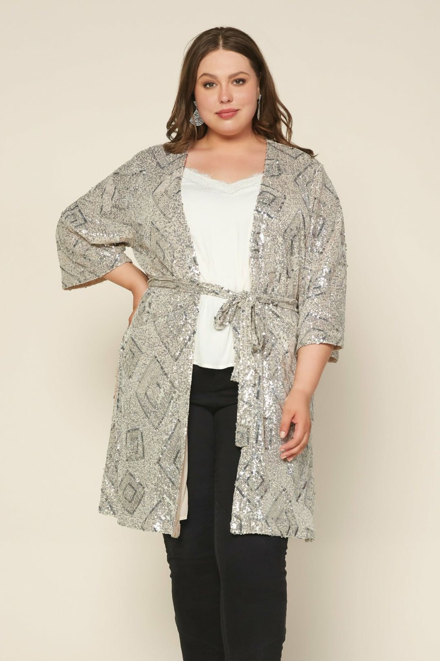 Plus Size Skies Are Blue | Skies Are Blue Plus Size Belted Sequin Duster Clothing Champagne