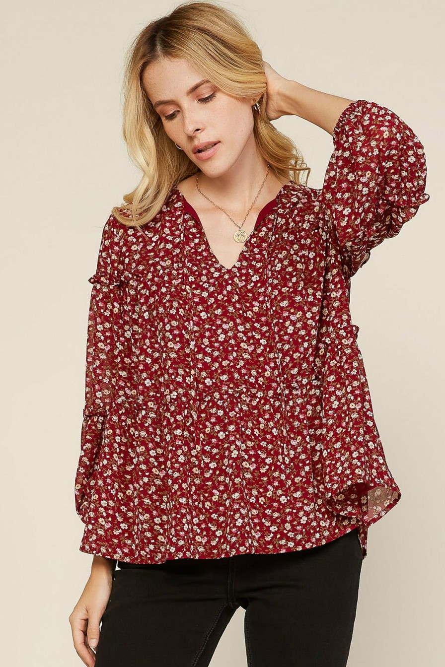 Clothing Skies Are Blue | Skies Are Blue Clothing Ditsy Floral Blouse Burgundy