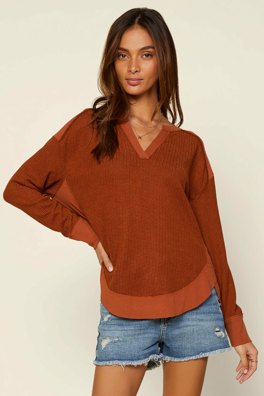 Clothing Skies Are Blue | Skies Are Blue Clothing Waffled Textured Knit Top Cognac Rust