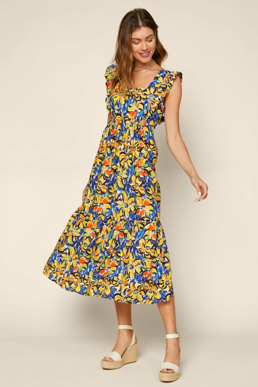 Clothing Skies Are Blue | Skies Are Blue Alyssa Floral Back Tie Dress Cobalt Blue Yellow