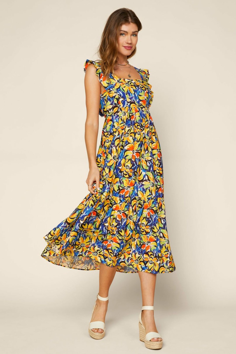 Clothing Skies Are Blue | Skies Are Blue Alyssa Floral Back Tie Dress Cobalt Blue Yellow