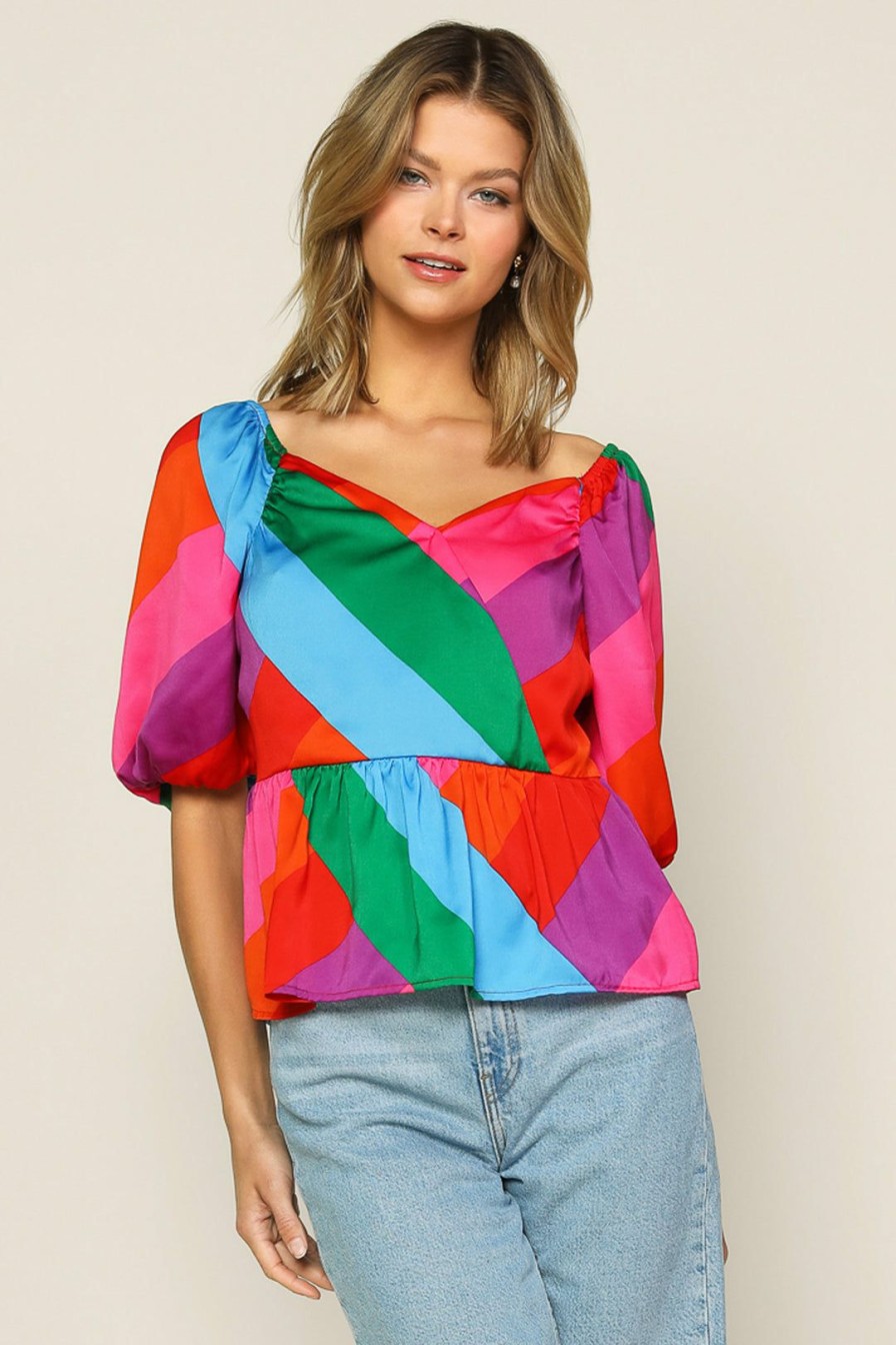 Clothing Skies Are Blue | Skies Are Blue Multicolor Peplum Top Tops Rainbow Stripe