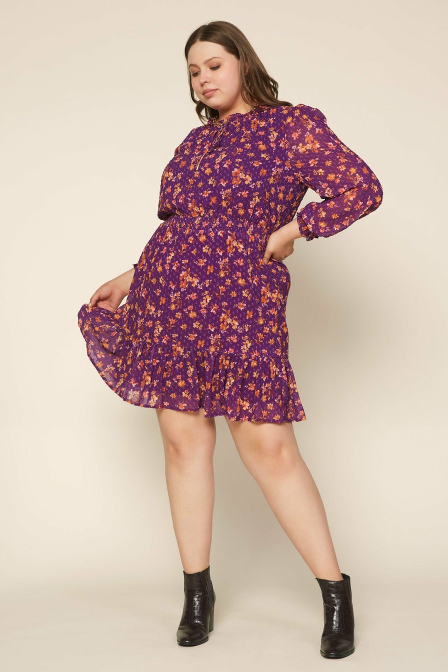 Plus Size Skies Are Blue | Skies Are Blue Clothing Plus Size Floral Swiss Dot Dress Violet-Amber