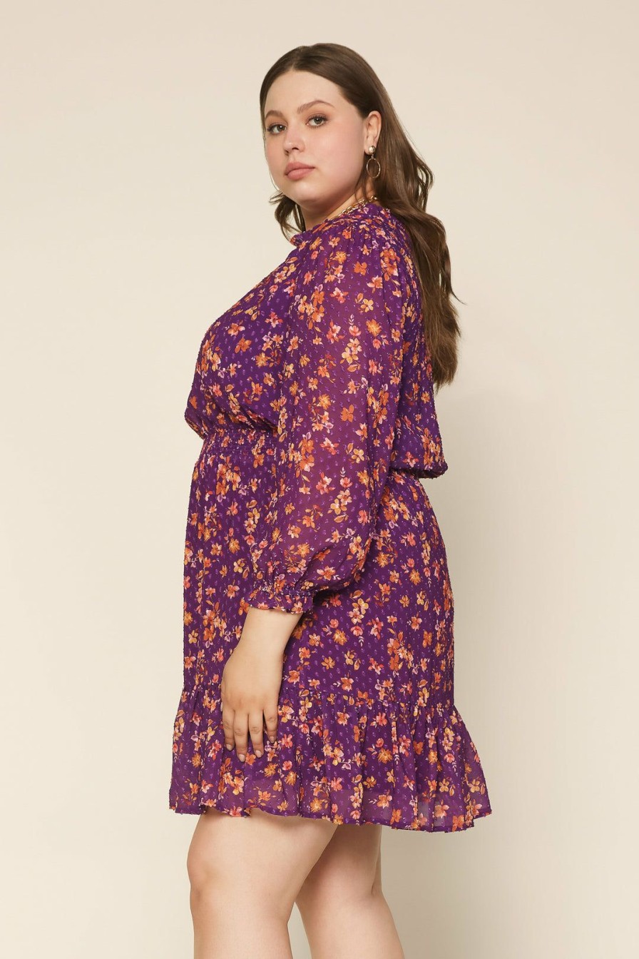 Plus Size Skies Are Blue | Skies Are Blue Clothing Plus Size Floral Swiss Dot Dress Violet-Amber