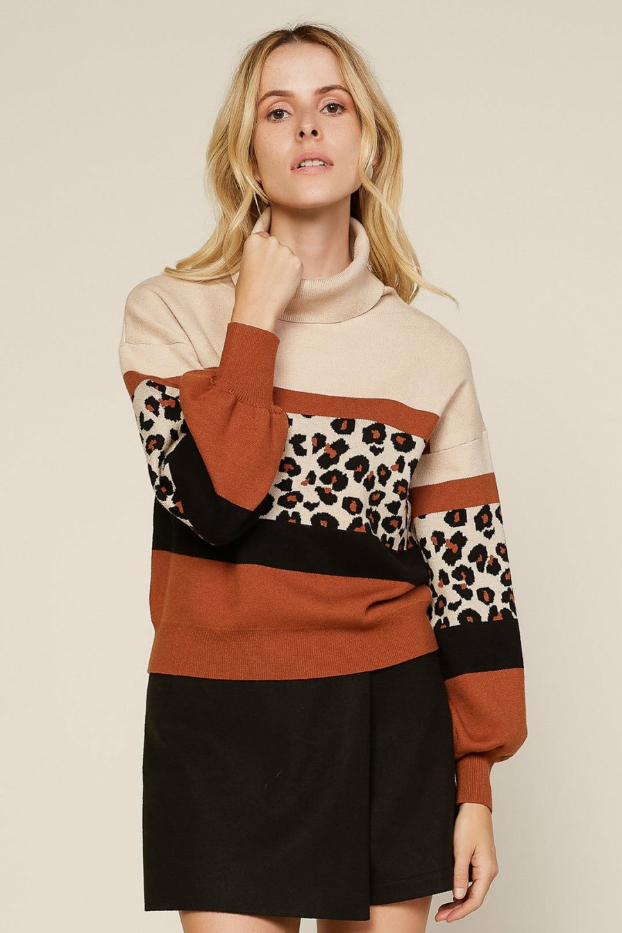 Clothing Skies Are Blue | Skies Are Blue Cassidy Leopard Colorblock Sweater Ivory-Black-Camel