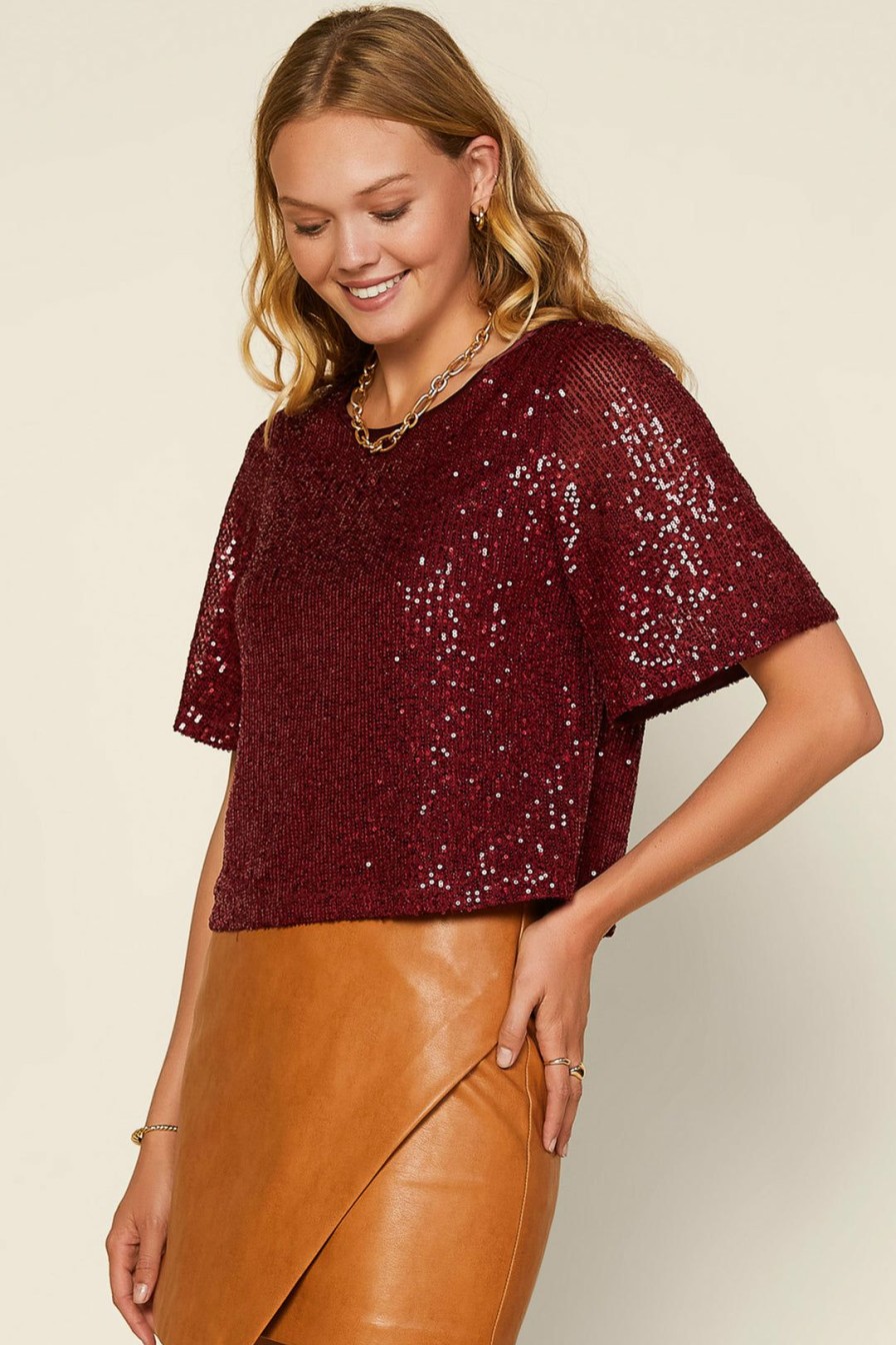 Clothing Skies Are Blue | Skies Are Blue Clothing Sequin Short Sleeve Top Burgundy