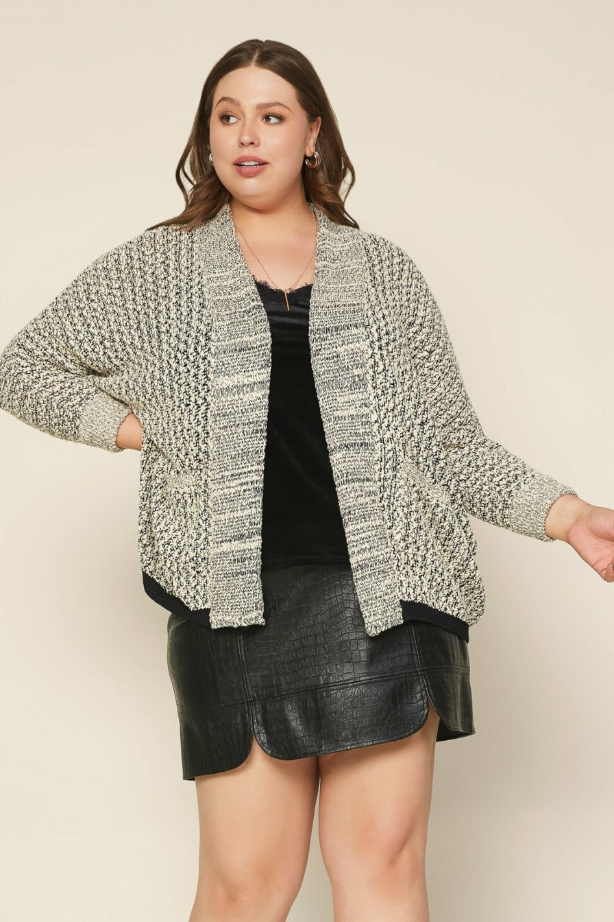 Plus Size Skies Are Blue | Skies Are Blue Plus Size Marled Knit Cardigan Cream-Black