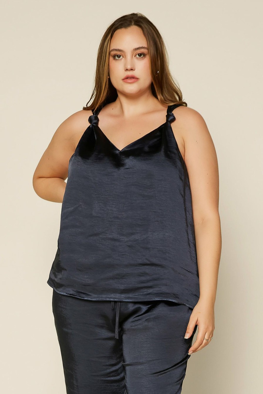 Plus Size Skies Are Blue | Skies Are Blue Clothing Plus Size Satin Knotted Strap Cami Navy