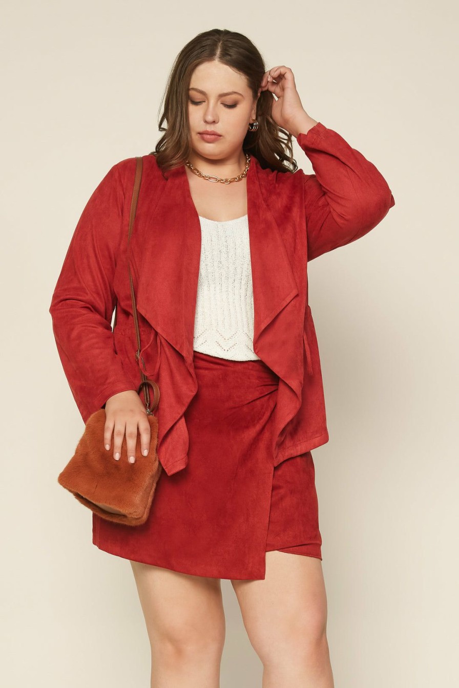 Plus Size Skies Are Blue | Skies Are Blue Clothing Plus Size Faux Suede Drape Jacket Rust