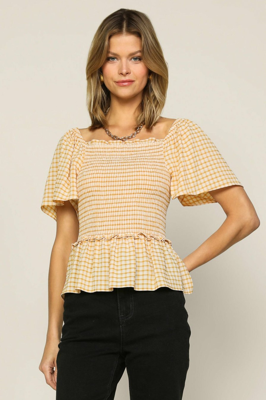 Clothing Skies Are Blue | Skies Are Blue Gingham Smocked Top New In Clothing Mustard Ivory