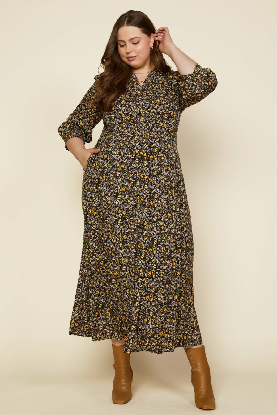 Plus Size Skies Are Blue | Skies Are Blue Plus Size Angelina Floral Maxi Dress Black-Yellow Floral