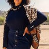 Plus Size Skies Are Blue | Skies Are Blue Plus Size Turtleneck Button Sleeve Top Clothing Navy