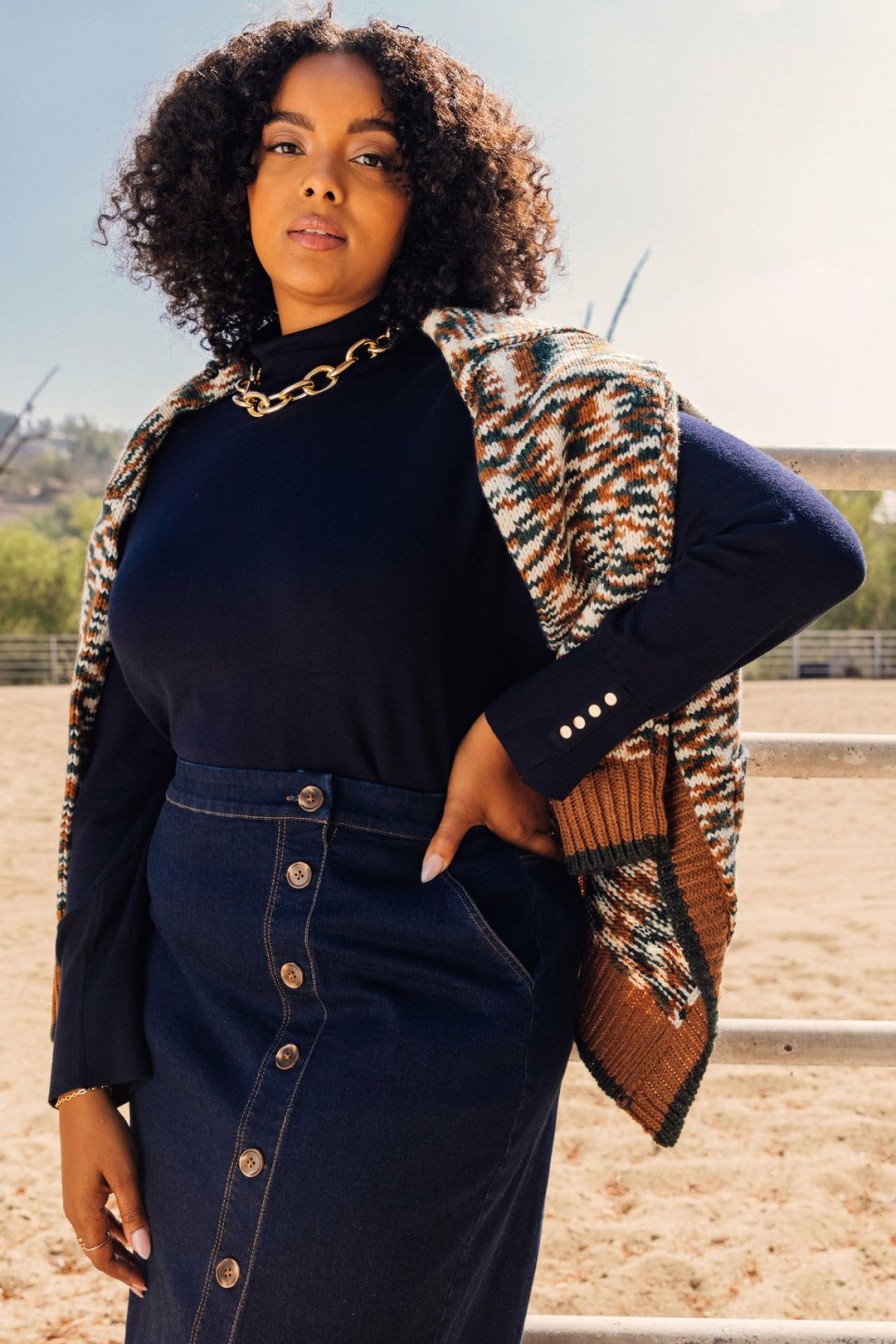 Plus Size Skies Are Blue | Skies Are Blue Plus Size Turtleneck Button Sleeve Top Clothing Navy