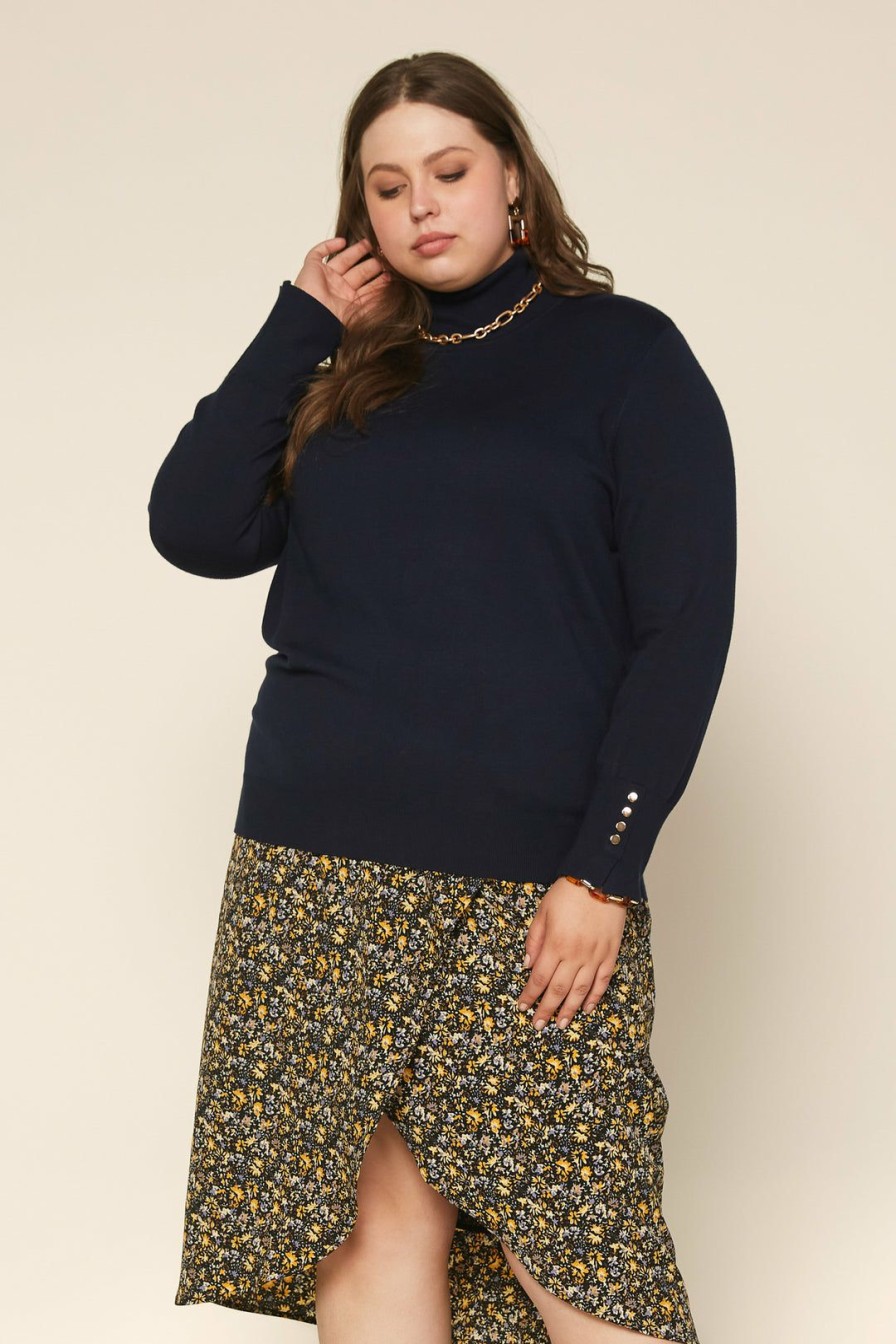 Plus Size Skies Are Blue | Skies Are Blue Plus Size Turtleneck Button Sleeve Top Clothing Navy