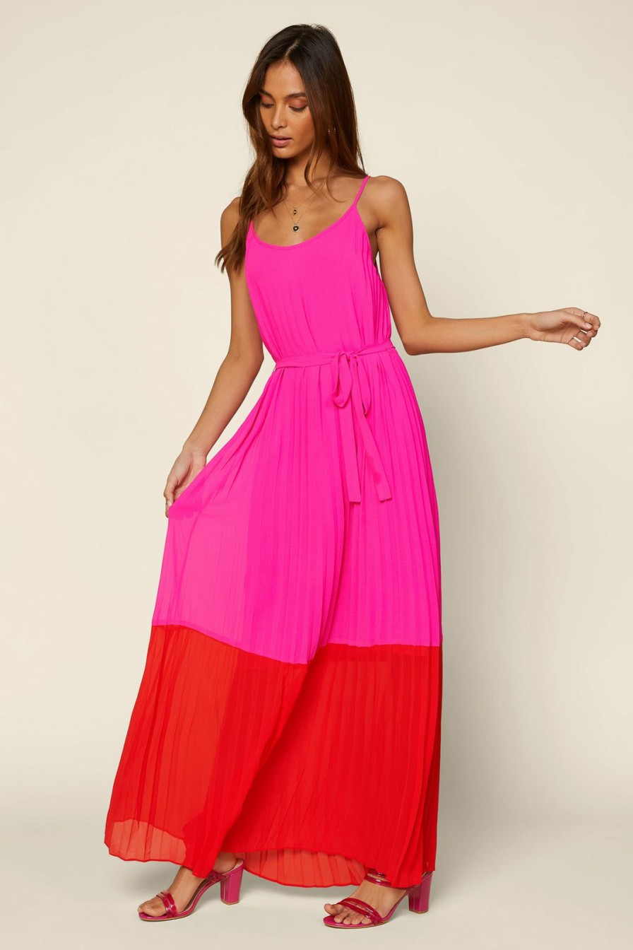 Clothing Skies Are Blue | Skies Are Blue Color Block Pleated Dress Clothing Hot Pink-Red