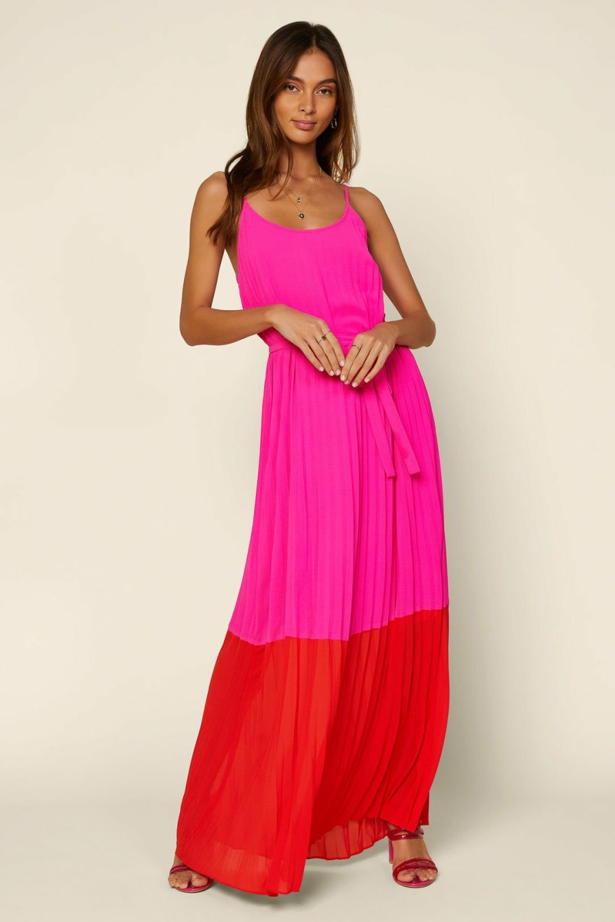 Clothing Skies Are Blue | Skies Are Blue Color Block Pleated Dress Clothing Hot Pink-Red