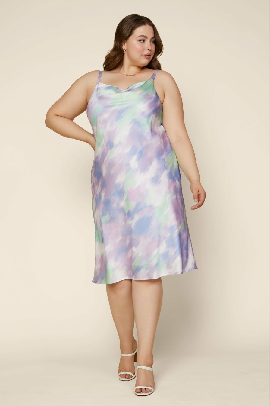 Plus Size Skies Are Blue | Skies Are Blue Plus Size Tie Dye Satin Cowl Dress Lavender Mint