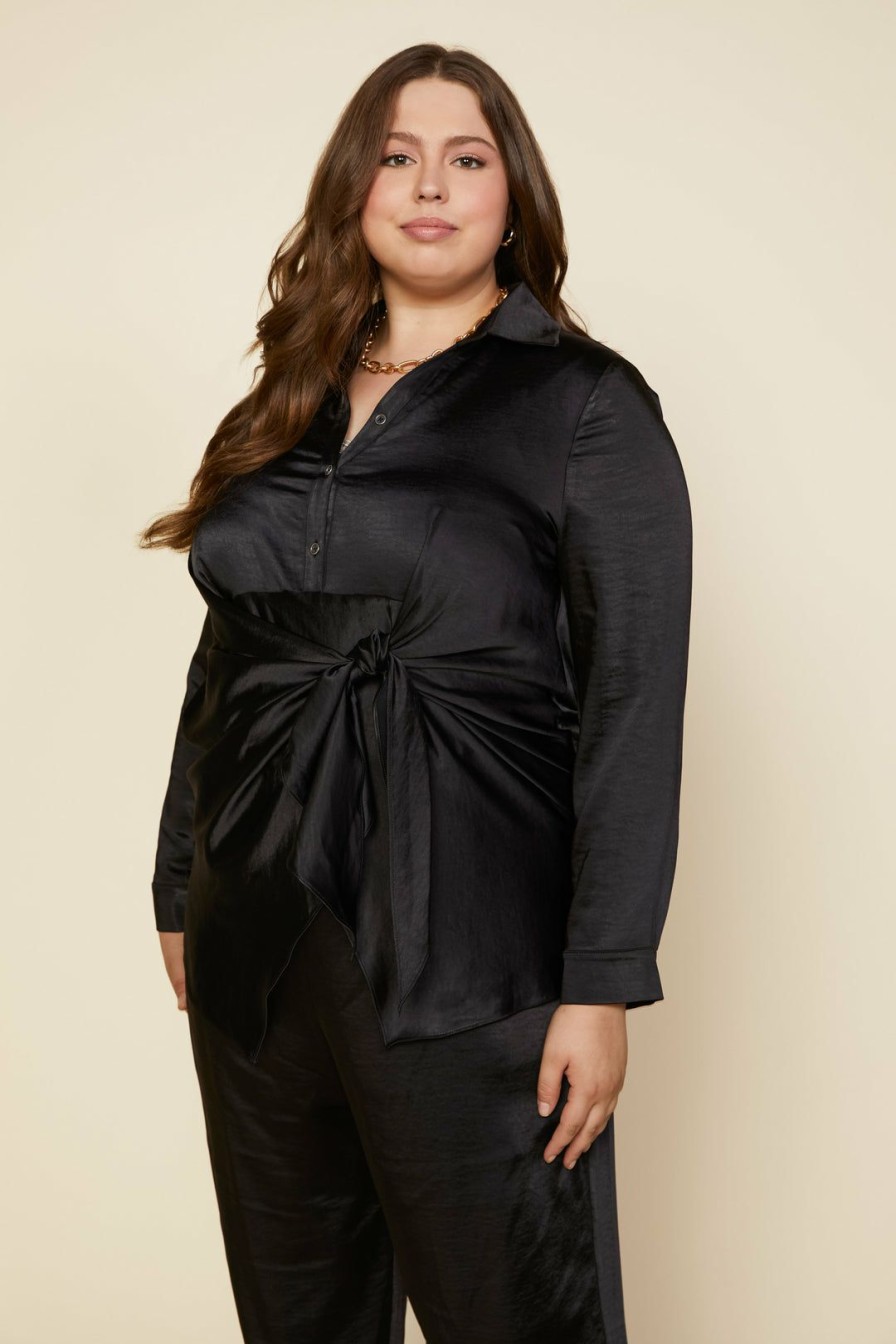 Plus Size Skies Are Blue | Skies Are Blue Plus Size Front Tie Satin Top Black