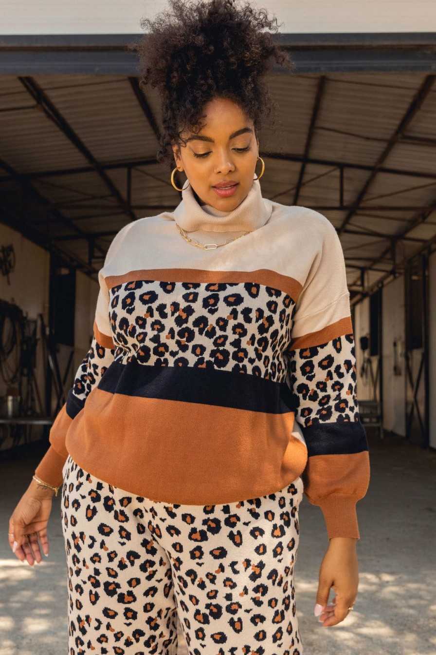 Clothing Skies Are Blue | Skies Are Blue Plus Size Cassidy Leopard Colorblock Sweater Ivory-Black-Camel