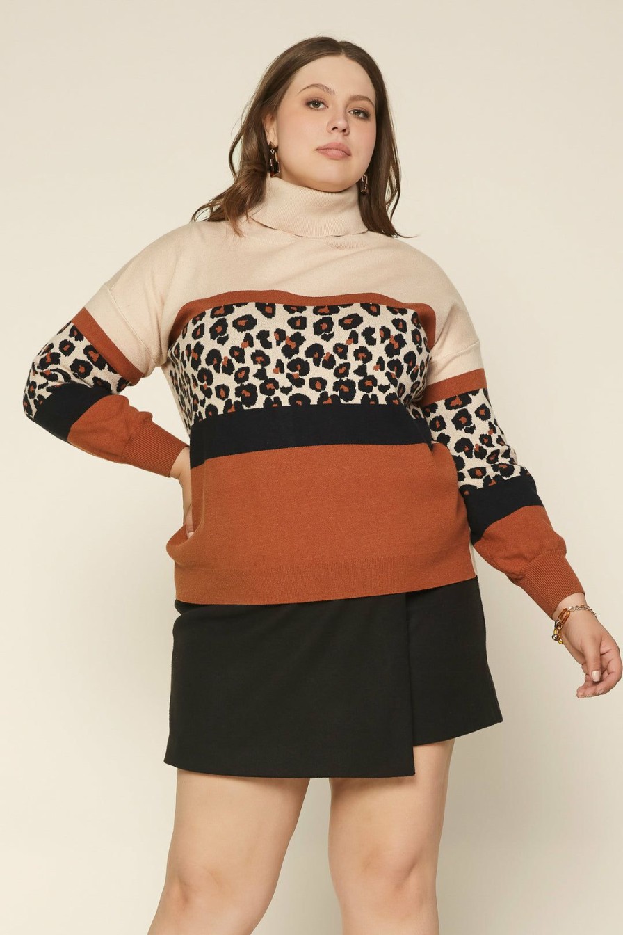 Clothing Skies Are Blue | Skies Are Blue Plus Size Cassidy Leopard Colorblock Sweater Ivory-Black-Camel