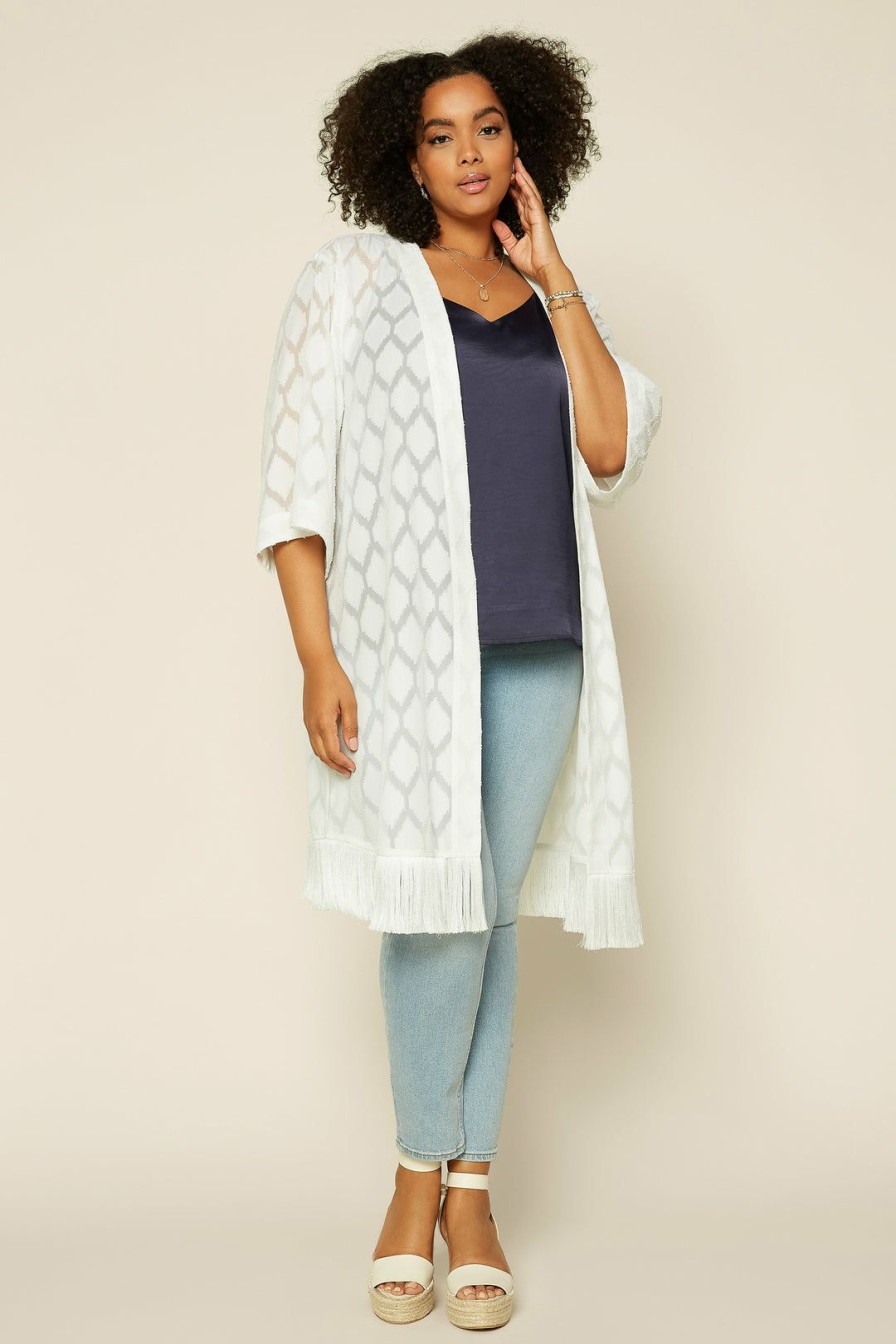 Plus Size Skies Are Blue | Skies Are Blue Clothing Plus Size Jacquard Fringe Duster White